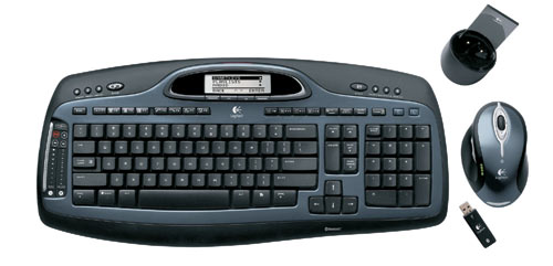 На клавиатуре, входящей в беспроводной комплект Logitech MX5000, имеются несколько сенсорных органов управления и встроенный ЖК-дисплей
