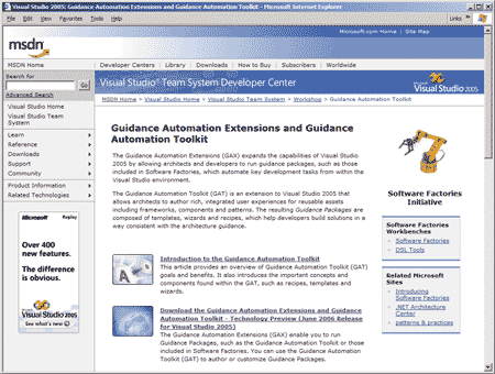 Страница, посвященная Guidance Automation Extensions и Guidance Automation Toolkit