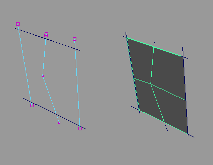 Рис. 65. Исходные кривые (слева) и полученная Birail-поверхность, возможности перестройки которой из-за малого числа вершин ограниченны