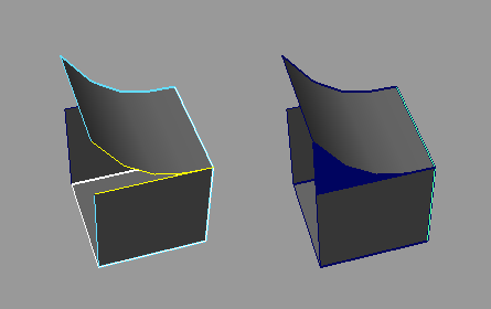 Рис. 9. Поверхность с выделенными изопармами (слева) и результат закрытия ее фрагмента посредством связывания лофтингом