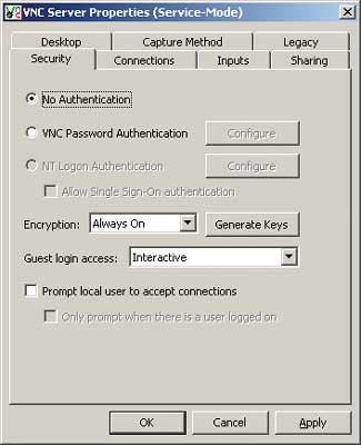 14. Настройка шифрования трафика и аутентификации пользователя в программе RealVNC Personal Edition