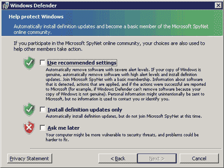 Параметры установки Windows Defender