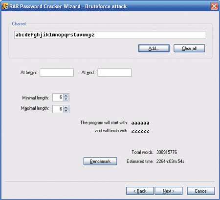 Настройка атаки методом перебора в утилите RAR Password Cracker 4.12