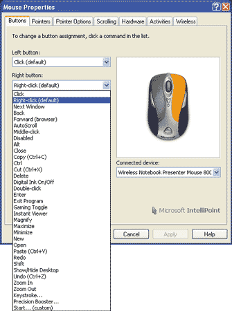 Настройка функций кнопок мыши в программе IntelliPoint
