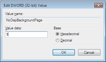 Установка значения параметра NoDispBackgroundPage типа REG_DWORD