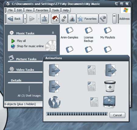 Окно стандартного проводника Windows XP с измененным при помощи Stardock WindowBlinds визуальным стилем, а также окно копирования/перемещения/удаления файла с измененной анимацией