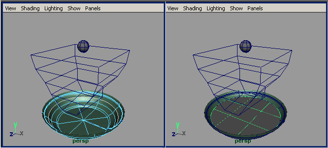 Рис. 55. Создание плоской водной поверхности — выделение изопармы (слева) и вид вырезанной Planar-плоскости (справа) 