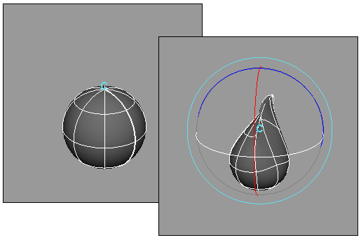 Рис. 57. Исходный вид шара с созданным кластером (слева) и его C luster-деформирование 