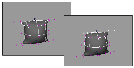 Рис. 65. Вид объекта с равными весами точек первого кластера (слева) и с различными