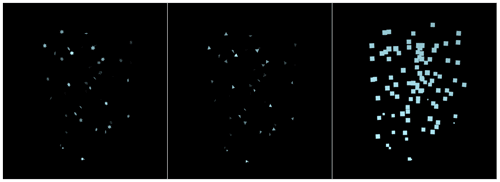 Рис. 28. Исходный вид снежинок в разных вариантах отображения при рендеринге: SixPoint (слева), Triangle (в центре) и Facing (справа) 