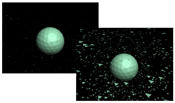 Рис. 42. Вид сцены с исходным (слева) и увеличенным размером частиц