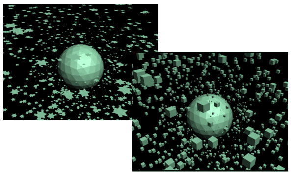 Рис. 43. Варианты отображения частиц типа StandartParticles — в виде шестиугольников (слева) и кубов