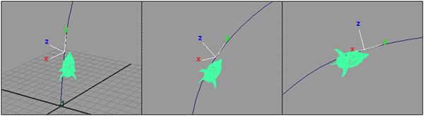 Рис. 57. Вид сцены в промежуточных кадрах анимации: ракета движется строго вдоль пути