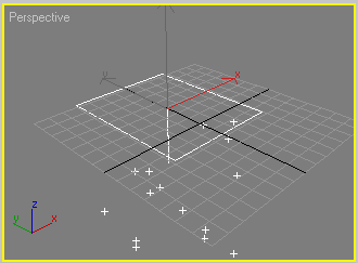 Рис. 1. Вид проекции Perspective с Blizzard-эмиттером в одном из промежуточных кадров анимации