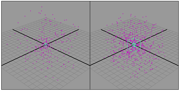 Рис. 2. Частицы и генерирующий их эмиттер (частицы отображены розовым цветом, а эмиттер — голубым)