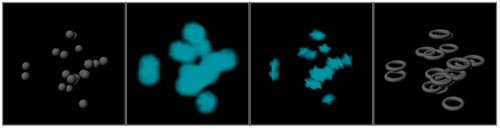 Рис. 4. Различные варианты отображения частиц: 1— Blobby Surface, 2 — Cloud, 3 —Tube, 4 — Instanced Geometry 
