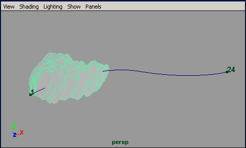 Рис. 44. Вид привязанного к траектории облака в одном из промежуточных кадров (с отображенными на траектории позиционными маркерами) 