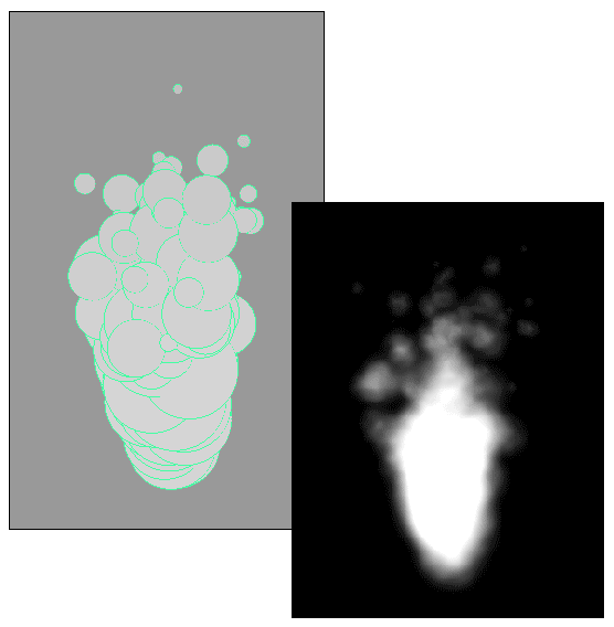 Рис. 56. Вид частиц с динамическим радиусом (в окне проекции (слева) и при рендеринге) 