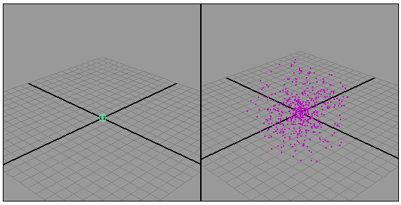 Рис. 8. Вид проекции Persp с частицами и эмиттером в нулевом (слева) и в одном из промежуточных кадров 