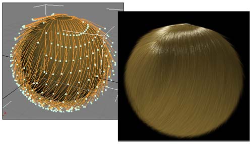 Рис. 14. Вид причесанных волос в окне визуального редактора (слева) и при рендеринге (справа) 