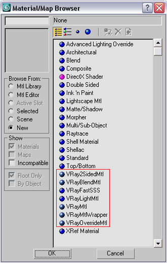 Рис. 3. Окно Material /Map Browser с выделенными материалами V-Ray