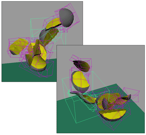 Рис. 75. Результат уменьшения жесткости виртуальной пружины — слева выделенный осколок держит форму, а справа чрезмерно деформировался