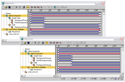 Рис. 86. Второе смешивание по методу AlphaCompositor (выделение событий — слева, вид окна после смешивания — справа) 