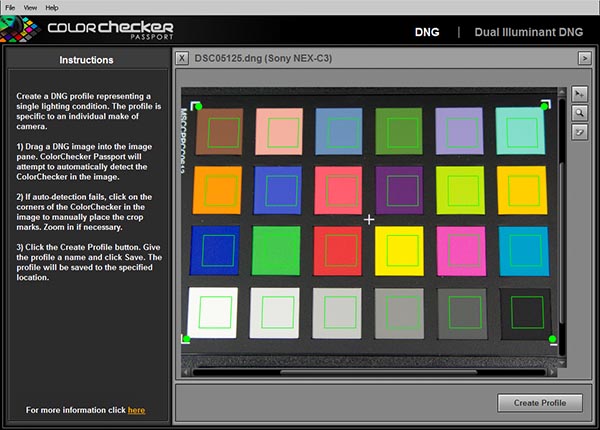 Создание цветового  профиля камеры при помощи утилиты X-Rite ColorChecker Passport на основе снимка  калибровочной таблицы, сохраненного в формате DNG