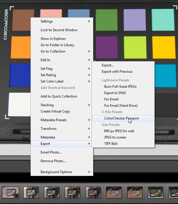 Для создания  цветового профиля на основе снимка калибровочной таблицы в Lightroom достаточно выполнить экспорт при помощи пресета ColorChecker Passport