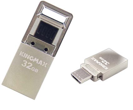 USB-флэшка Kingmax PJ-02 оборудована двумя  разъемами (полноразмерным USB Type A и microUSB)