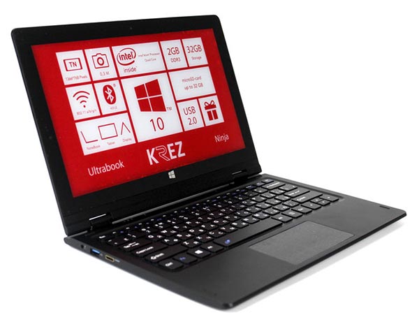 Конструкция корпуса ноутбука-трансформера KREZ Ninja позволяет легко приспособить его для использования в самых разных ситуациях