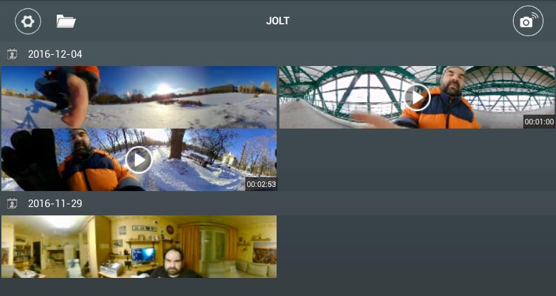 Раздел выбора фотографий и видео в мобильном приложении Jolt 360